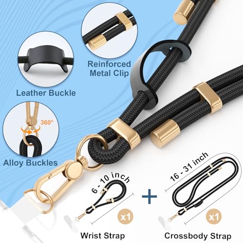 4-in-1 Phone Lanyard & Wrist Strap Kit — Adjustable Crossbody Neck Lanyard, Anti-Theft Wrist Strap with 2 Tab Patches, Universal Hands-Free Phone Strap for iPhone 17 Pro Max & All Smartphones, Black