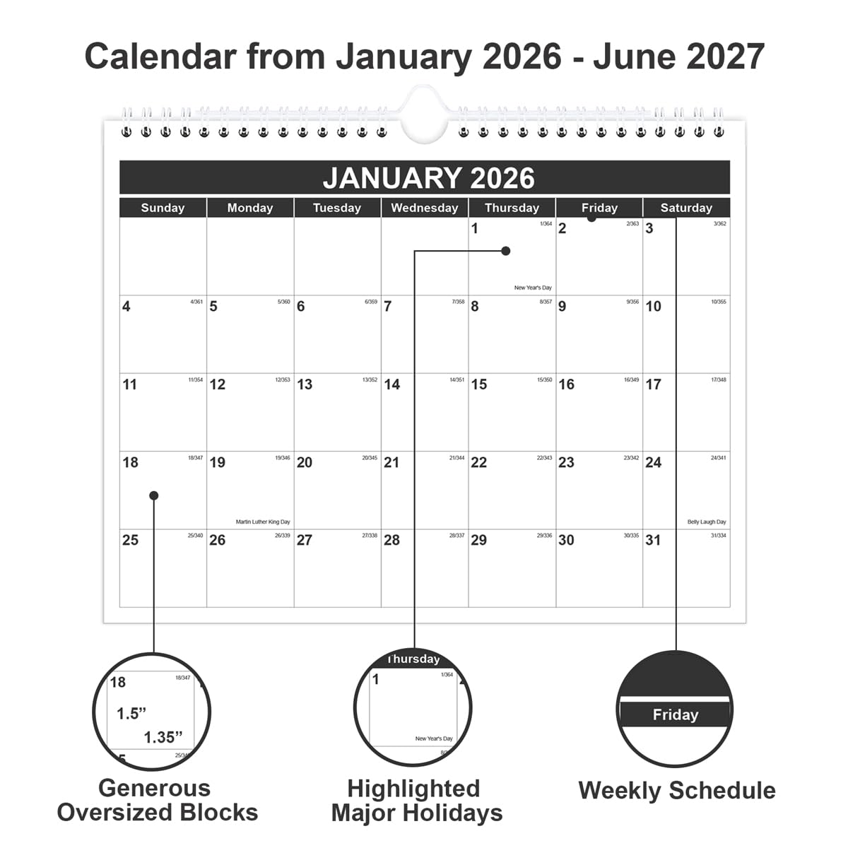 2026–2027 Monthly Wall Calendar (Jan 2026–Jun 2027) – 8.5” x 11” Spiral-Bound Hanging Planner for Home & Office – Black
