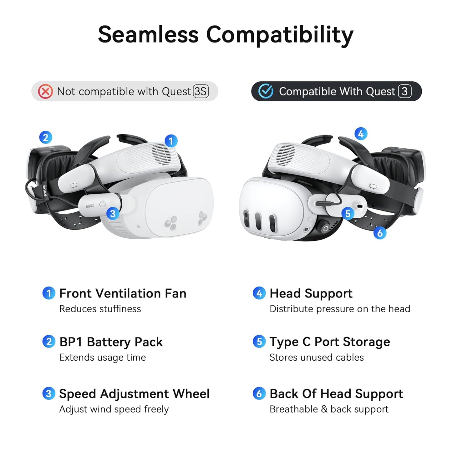 AMVR BS1 Rechargeable Battery Head Strap Compatible with Meta Quest 3, Air Cooling System Hot-Swap Battery Pack, Comfort Adjustable & Extended Gaming Sessions