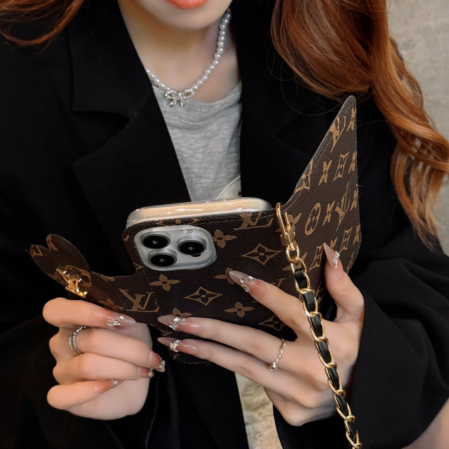 Stylish LV Print Multifunctional iPhone Crossbody Case - with Chain Strap, Stand & Card Slots