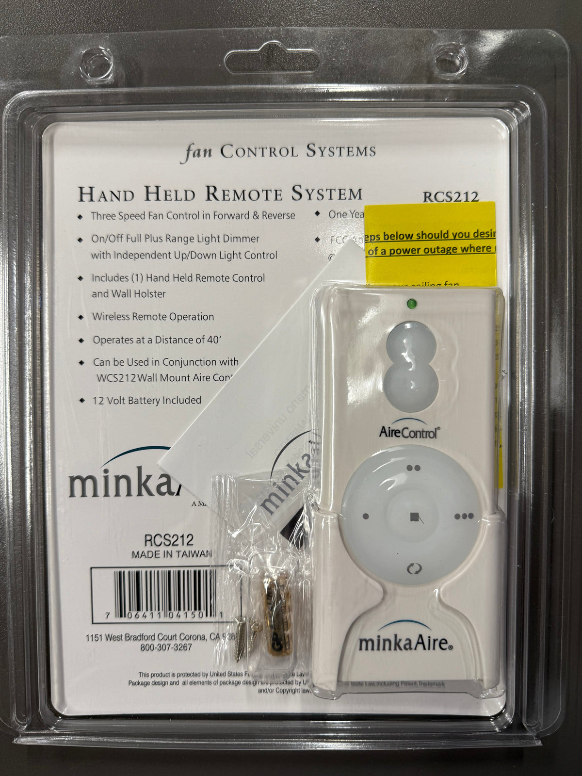 Minka-Aire 3-Speed 256 Bit Handheld Ceiling Fan Remote Control with Reverse Key - White - RCS212, TR110A, KUJCE10007