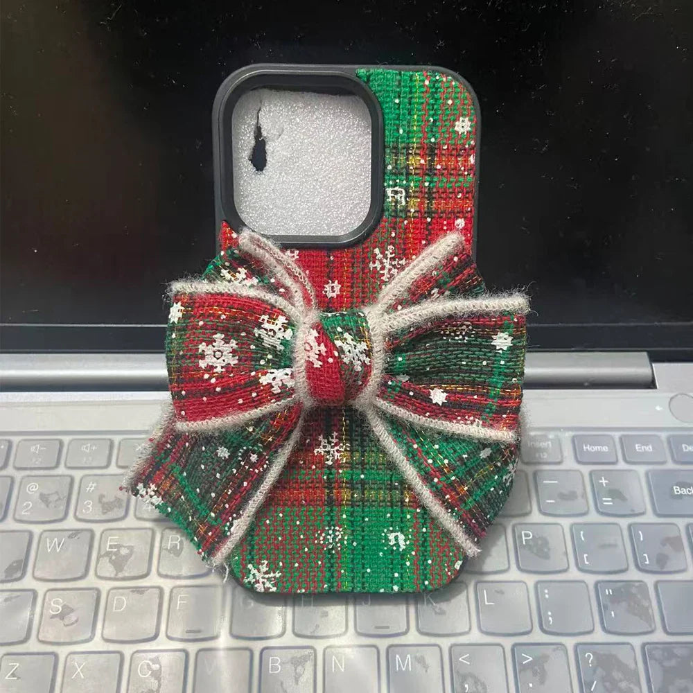 3D knitted Christmas Bowknot Plaid Pattern Cartoon Cute With Bracelet Phone Case For iPhone 15 14 13 16 Pro Max Bumper Cover