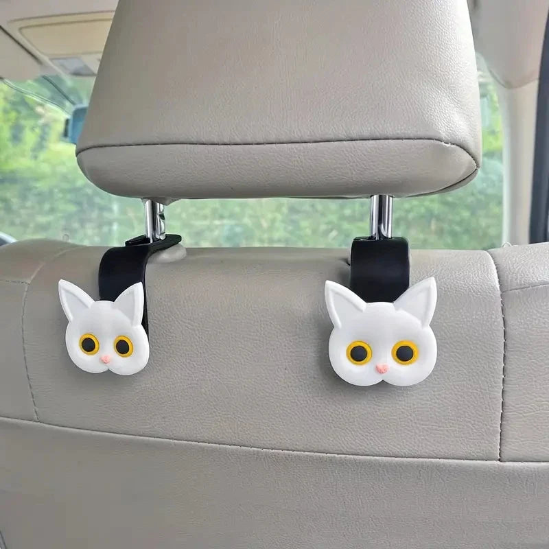 2pcs Adorable 3D Cartoon Cat Car Seat Headrest Hooks - Universal Vehicle Storage Organizer for Handbags, Purses, Coats - Cute Cat