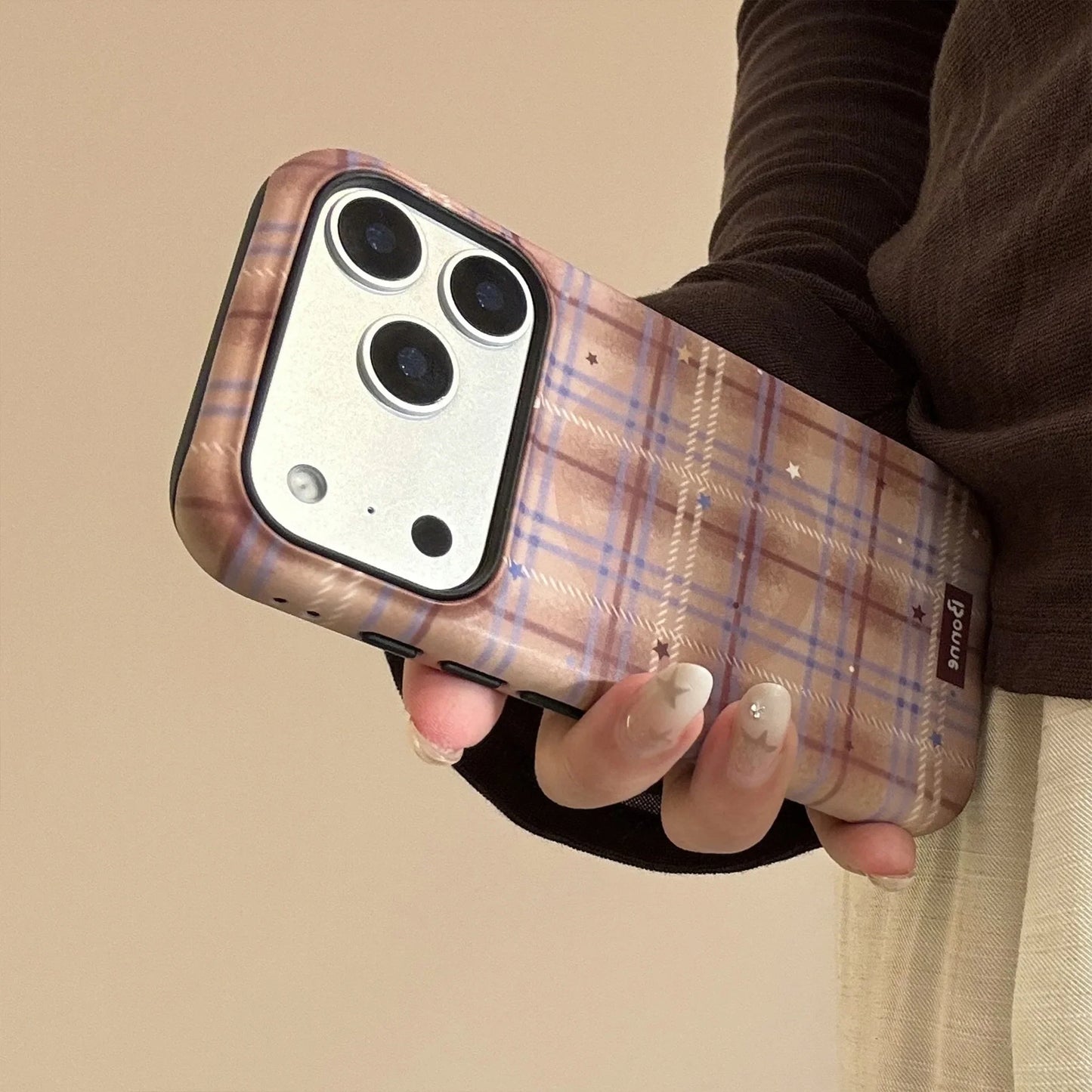 Cute Grid Pattern Cartoon Embroidery Puppy Bracket Magnetic Phone Case For iPhone