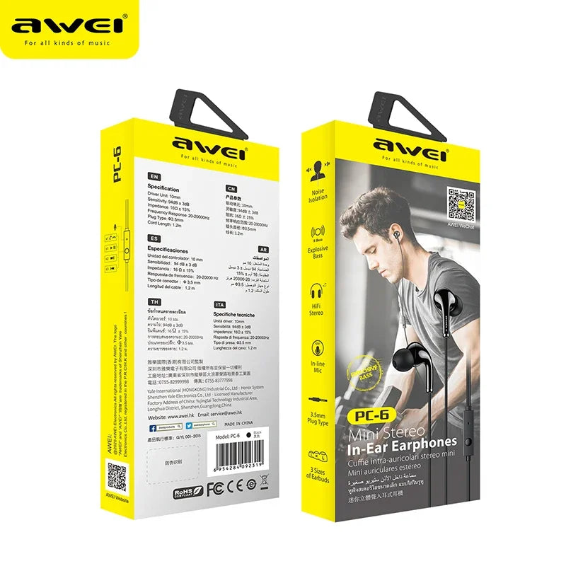 Awei Wired Headphones In Ear Headset Wired Earphones with Mic Bass Stereo Earbuds Sports In-line Control For Phones
