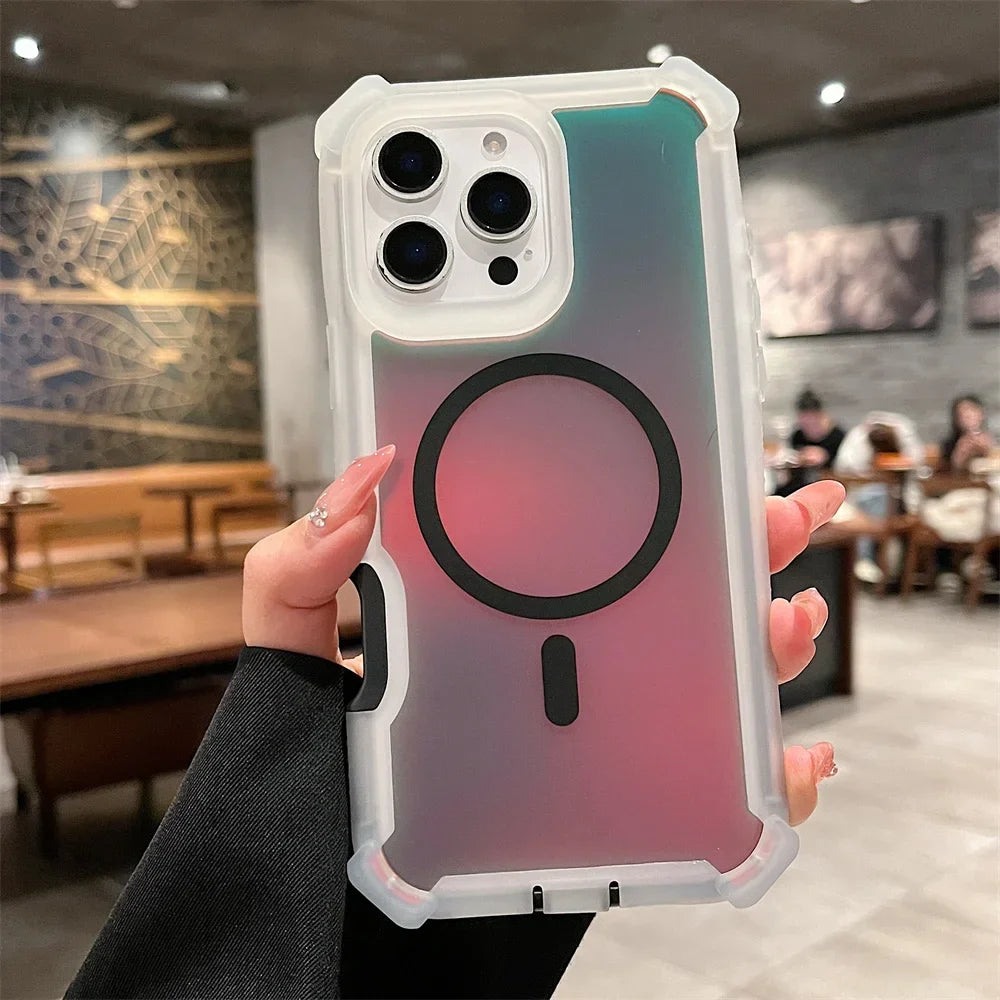 Luxury Magsafe Laser Dazzling Armor Phone Case For iPhone 16 Pro Max 15 Plus 14 13 Wireless Charging Dual Layer Protection Cover