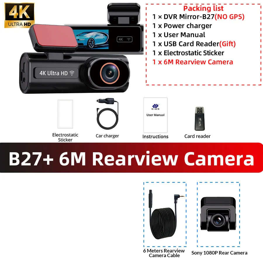 ACCEO Dash Cam WIFI GPS Mini CAR DVR Front 4K And Rear 1080P Dual Lens Black Box Room Camera Night Vision 24H Parking Monitor