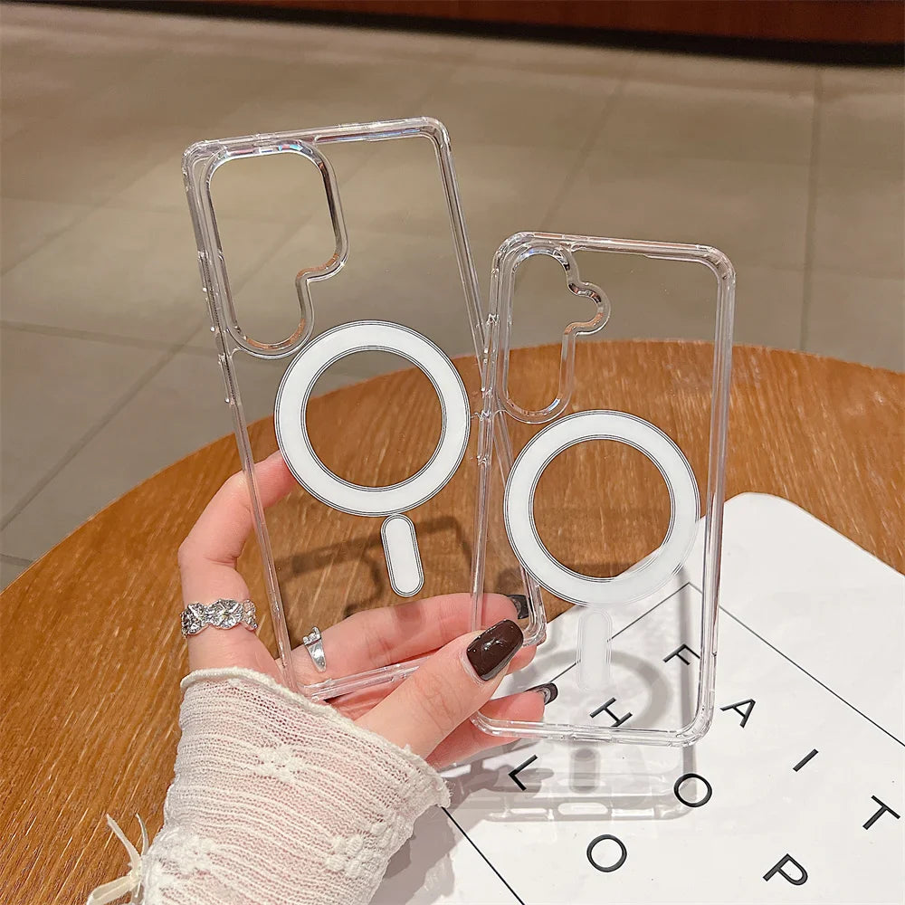 Magsafe Magnetic Charge Phone Case For Samsung Galaxy S25 S24 S23 Ultra S22 Plus S21 FE A16 A15 A35 A55 Clear Acrylic Slim Cover