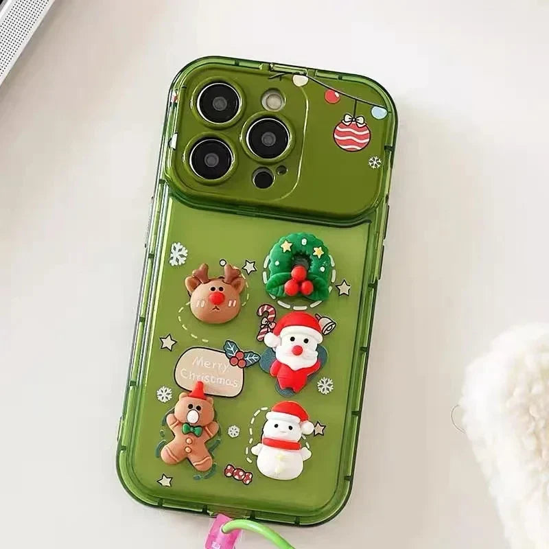 Cartoon 3D Christmas Elk Pendant Case For iPhone 17 16 15 14 13 12 11 Pro Max Plus Santa Claus Bell Keychain Stand Holder Cover