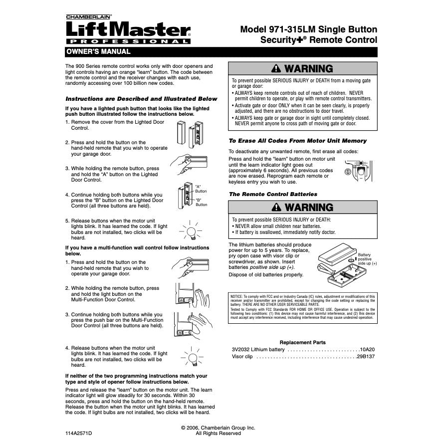 AccessMaster 971LM / 91LM 1-Button vizor 390MHz Garage Door Opener Remote Control