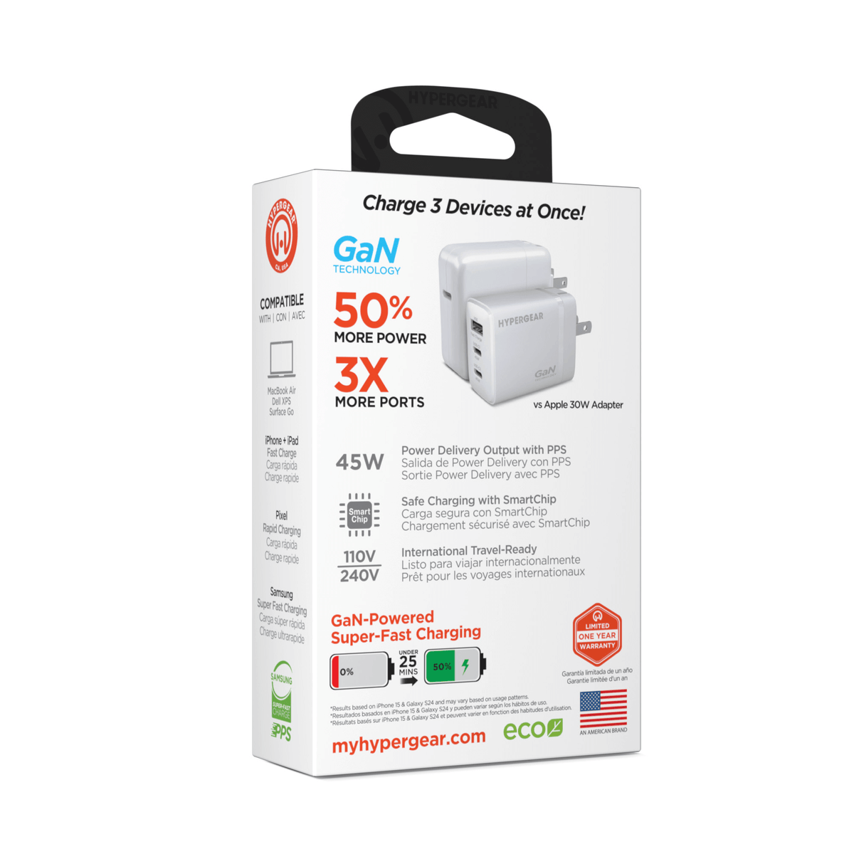 HyperGear SpeedBoost 45W USB-C PD Tri-Port GaN Fast Wall Charger with PPS