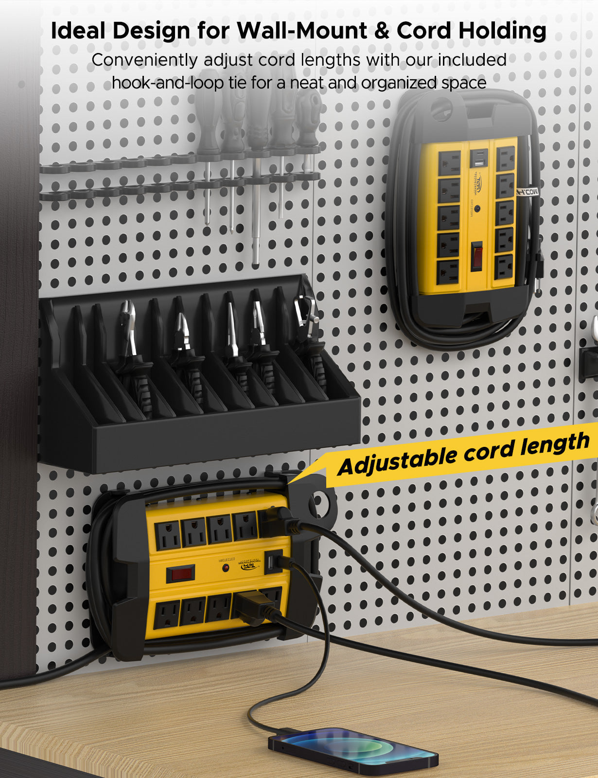 CRST 10-Outlet Wide-Spaced Metal Surge Protector Power Strip with Cord Wrap - 2800J, USB-C & USB-A, Wall Mount, 15ft Cord