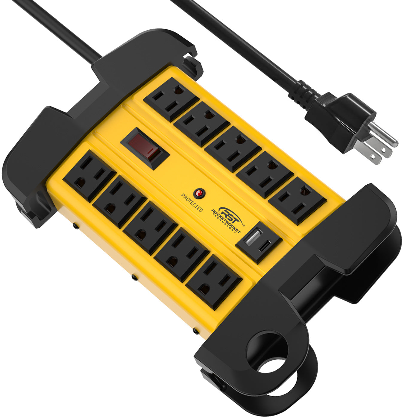 CRST 10-Outlet Wide-Spaced Metal Surge Protector Power Strip with Cord Wrap - 2800J, USB-C & USB-A, Wall Mount, 15ft Cord