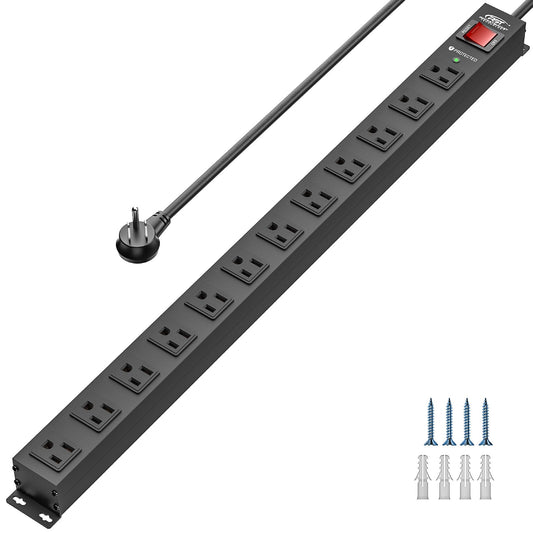 CRST 12-Outlet Metal Surge Protector Power Strip, 2100 Joules,  Heavy Duty 6FT/15FT Extension Cord, Wide Spaced Outlets for Large Adapters, Mountable Design for Workshop Garage