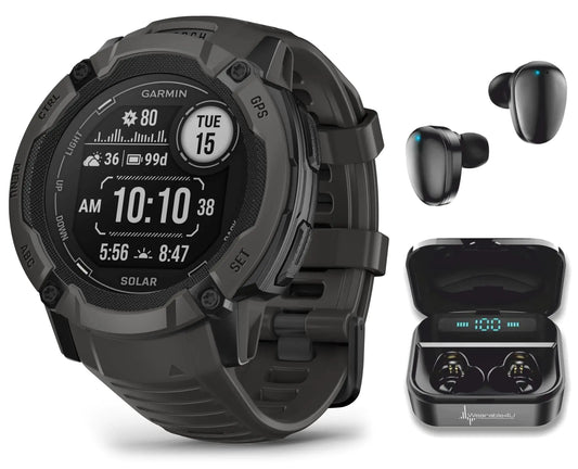 Wearable4U Garmin Instinct 2X Solar Rugged 50 mm GPS Smartwatch Graphite with Power Glass Lens LED Flashlight Black Earbuds Bundle