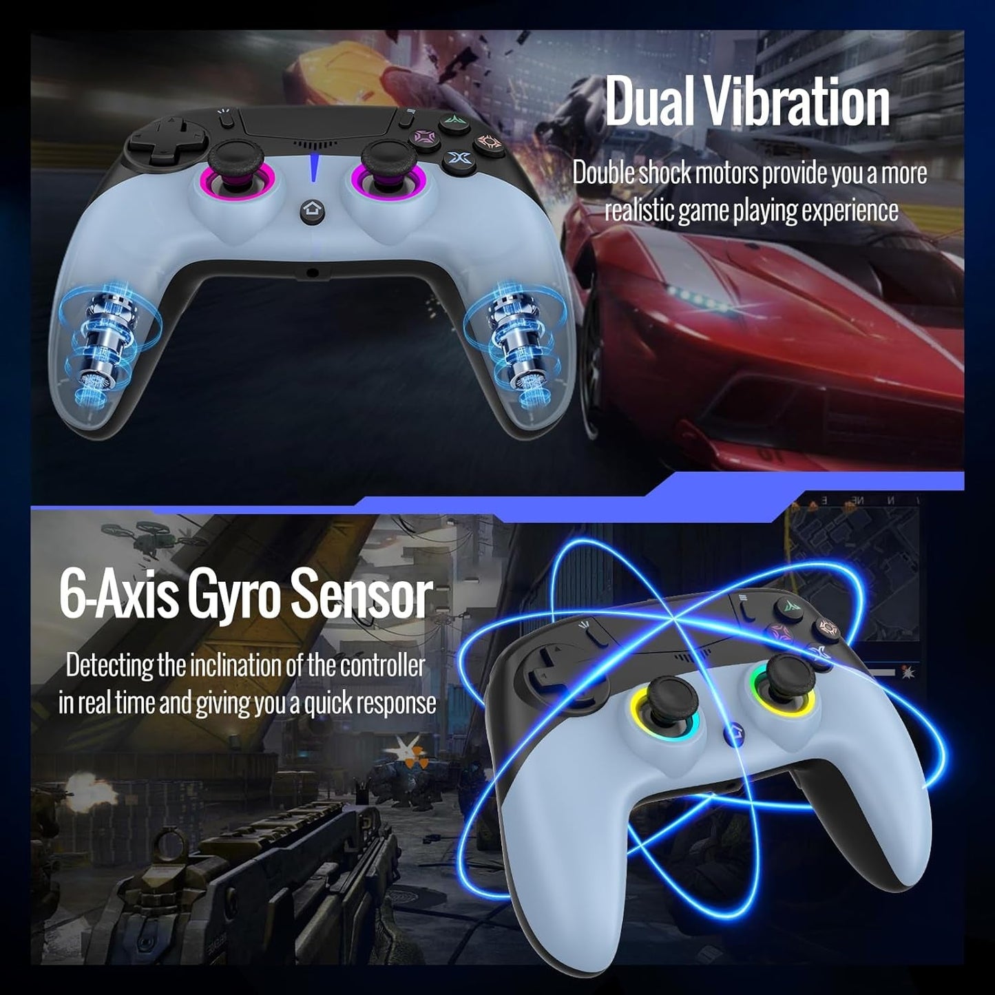 LED Wireless Gaming Controller for PS5 Pro Slim and PC, Hall Effect Joysticks and Triggers, RGB Lighting with 4 Modes, Macro Support, 6-Axis Motion Control, Dual Vibration, 3.5mm Audio Jack, Black and Blue