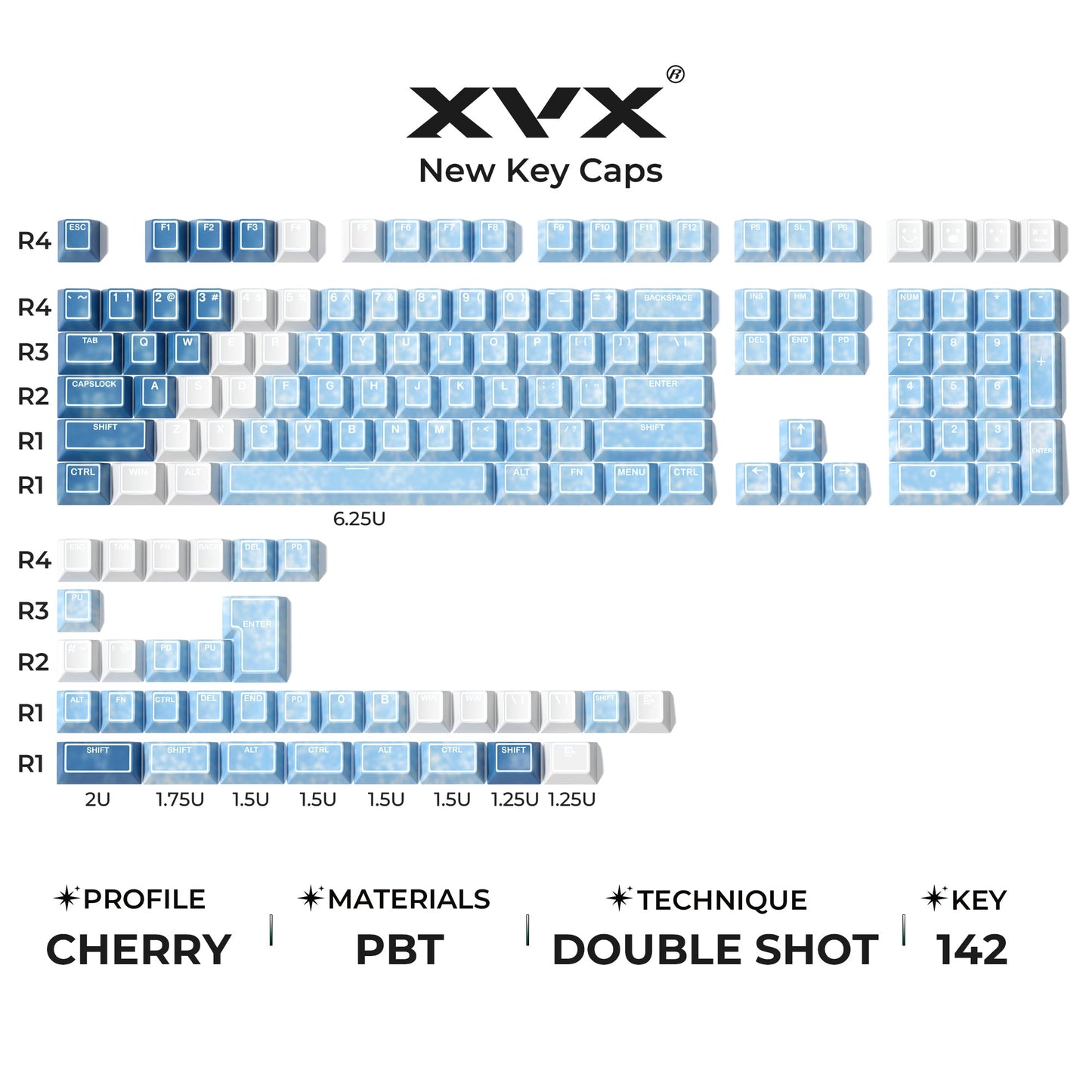 XVX PRISM Shine-Through Double-Shot Cherry Profile PBT Keycap Set 142-key
