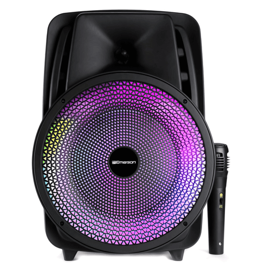 Emerson Portable 8" Bluetooth Party Speaker with FM Radio, Disco Light and Stand