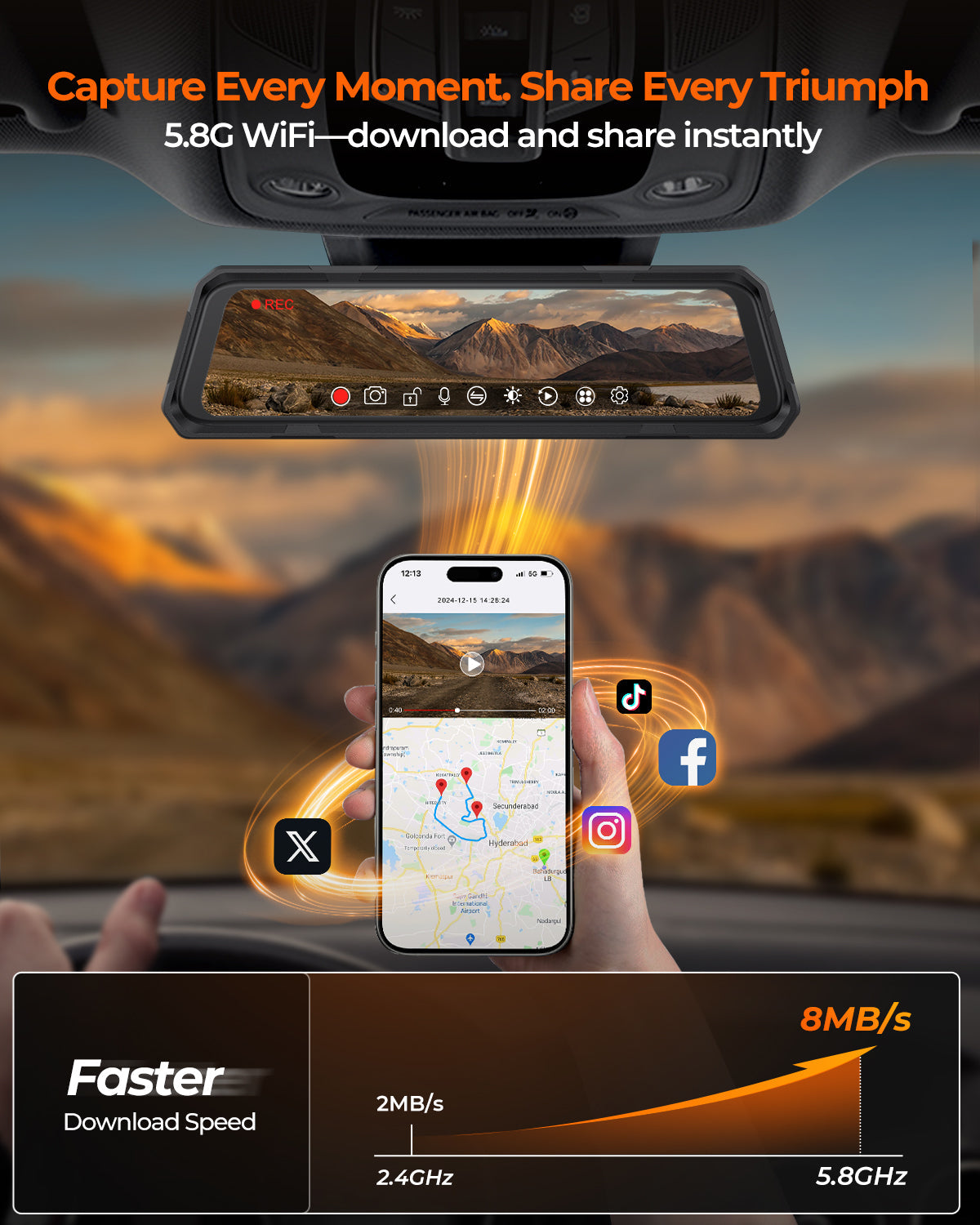 The Legend 3ch Waterproof Rear View Mirror Dash Cam with 1080P 60fps Front+ Rear+ Bumper/Cabin Cameras