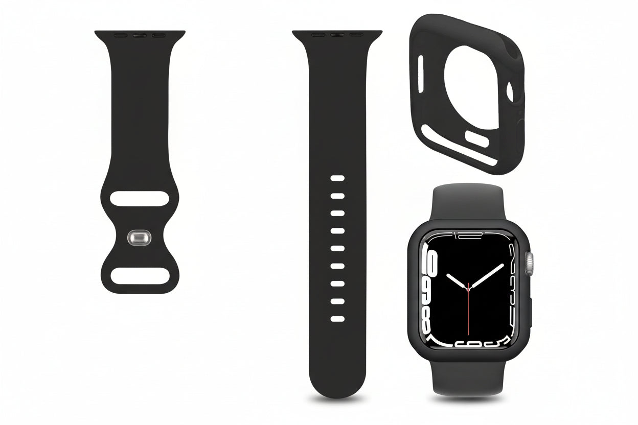 Silicone Band with Protective Bumper Case for Apple Watch Series 9/8/7 (45mm) – Black