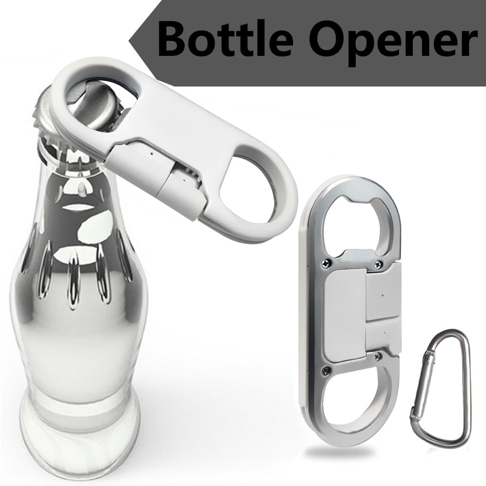 USB-C Keychain Charging Cable — Fast Charge Carabiner Bottle Opener for Samsung Galaxy & Pixel, White