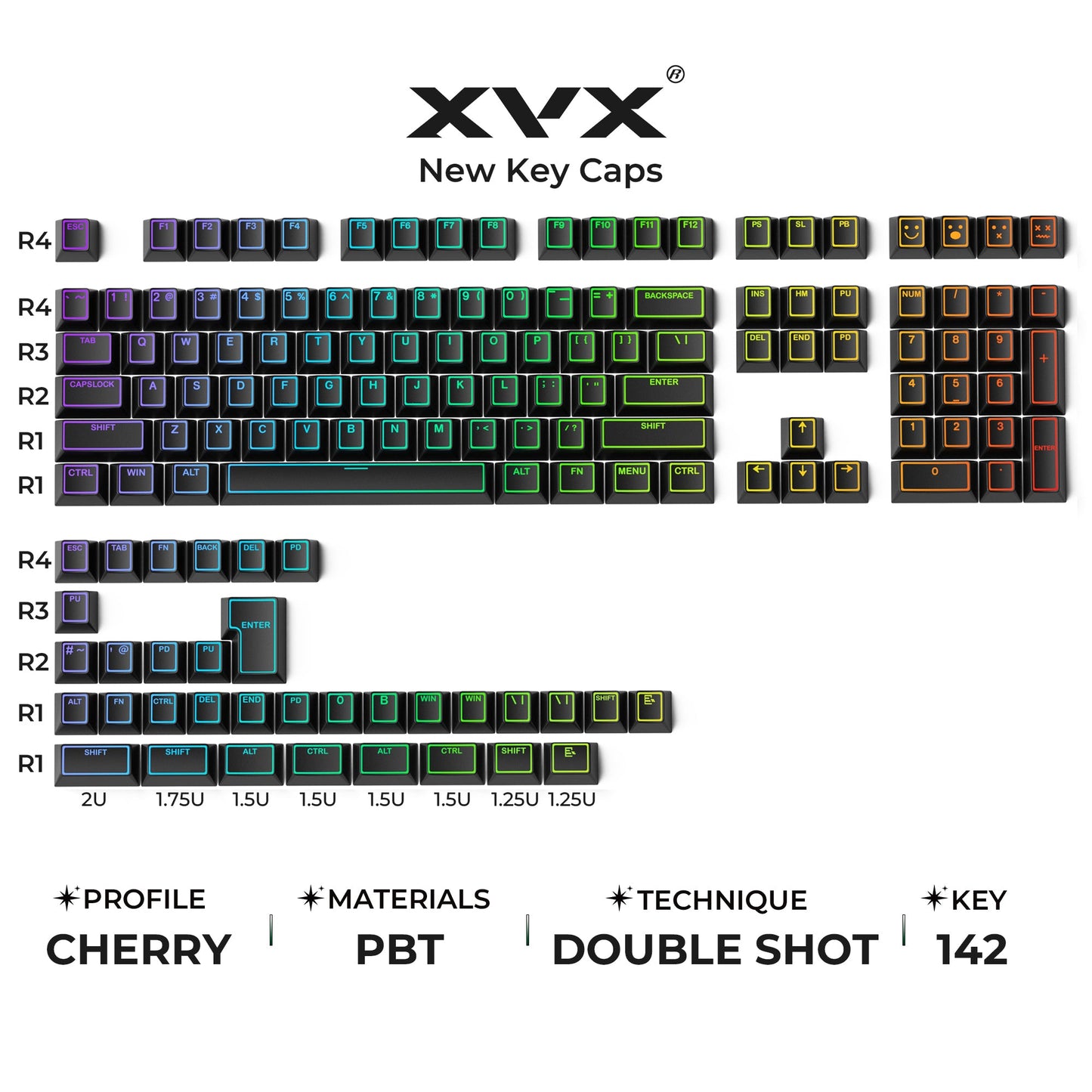 XVX PRISM Shine-Through Double-Shot Cherry Profile PBT Keycap Set 142-key