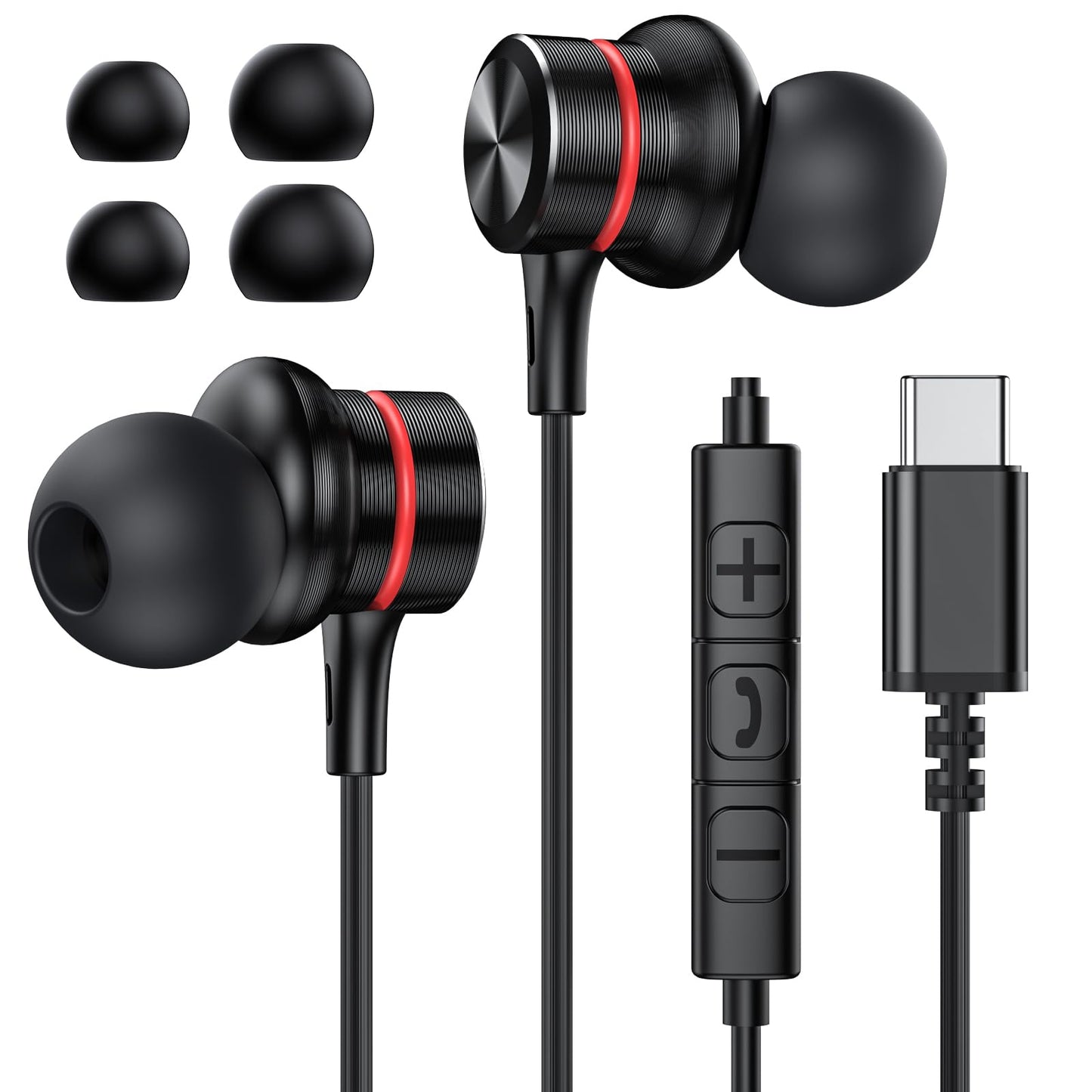 USB-C Earphones HiFi Stereo — Wired In-Ear Type C Headphones with Mic & Volume Control for iPhone 17/16/15, Samsung Galaxy S24/S23, Pixel 8/7
