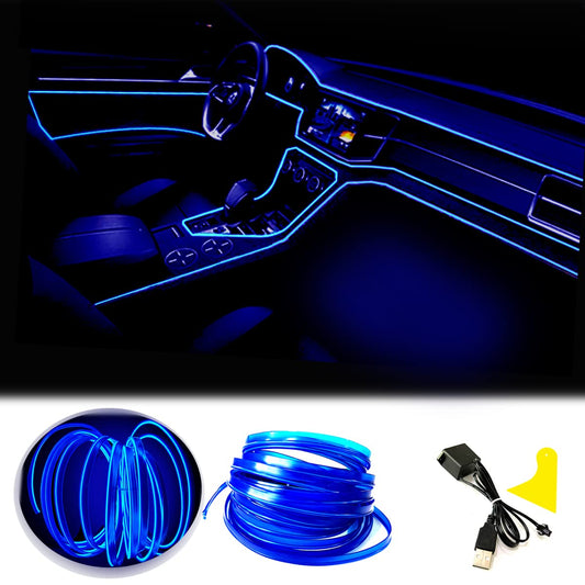 Blue EL Wire Car Interior Neon Strip Lights 2M — USB 5V with Fuse Protection for Dashboard & Trim