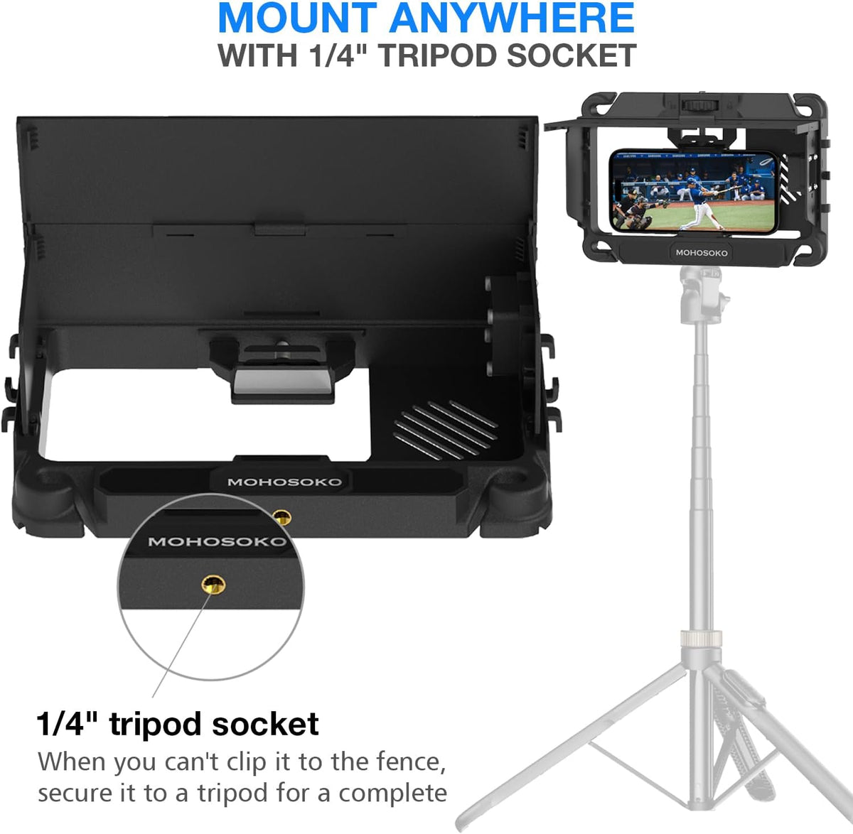 Phone Fence Mount with Shade & Cooling Fan - Foldable Game Changer Mounting Kit for iPhone, All-in-One Streaming Kit for Baseball Recording
