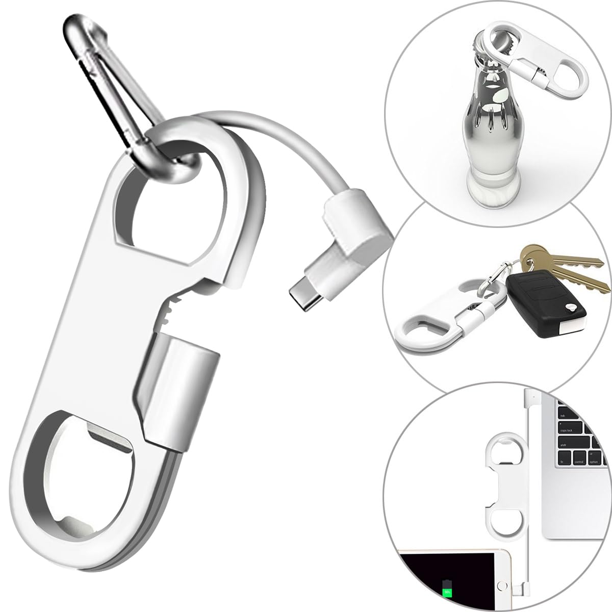 USB-C Keychain Charging Cable — Fast Charge Carabiner Bottle Opener for Samsung Galaxy & Pixel, White