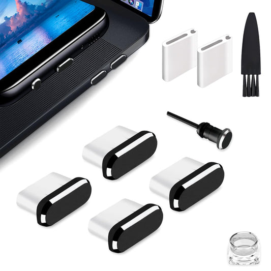 USB-C Dust Plug 4 Pack with Cleaning Brush & Storage Box — Anti-Lost Type C Port Protector Cover Compatible with iPhone 17/16/15 Pro Max, Samsung Galaxy S25/S24 Ultra & All USB-C Devices