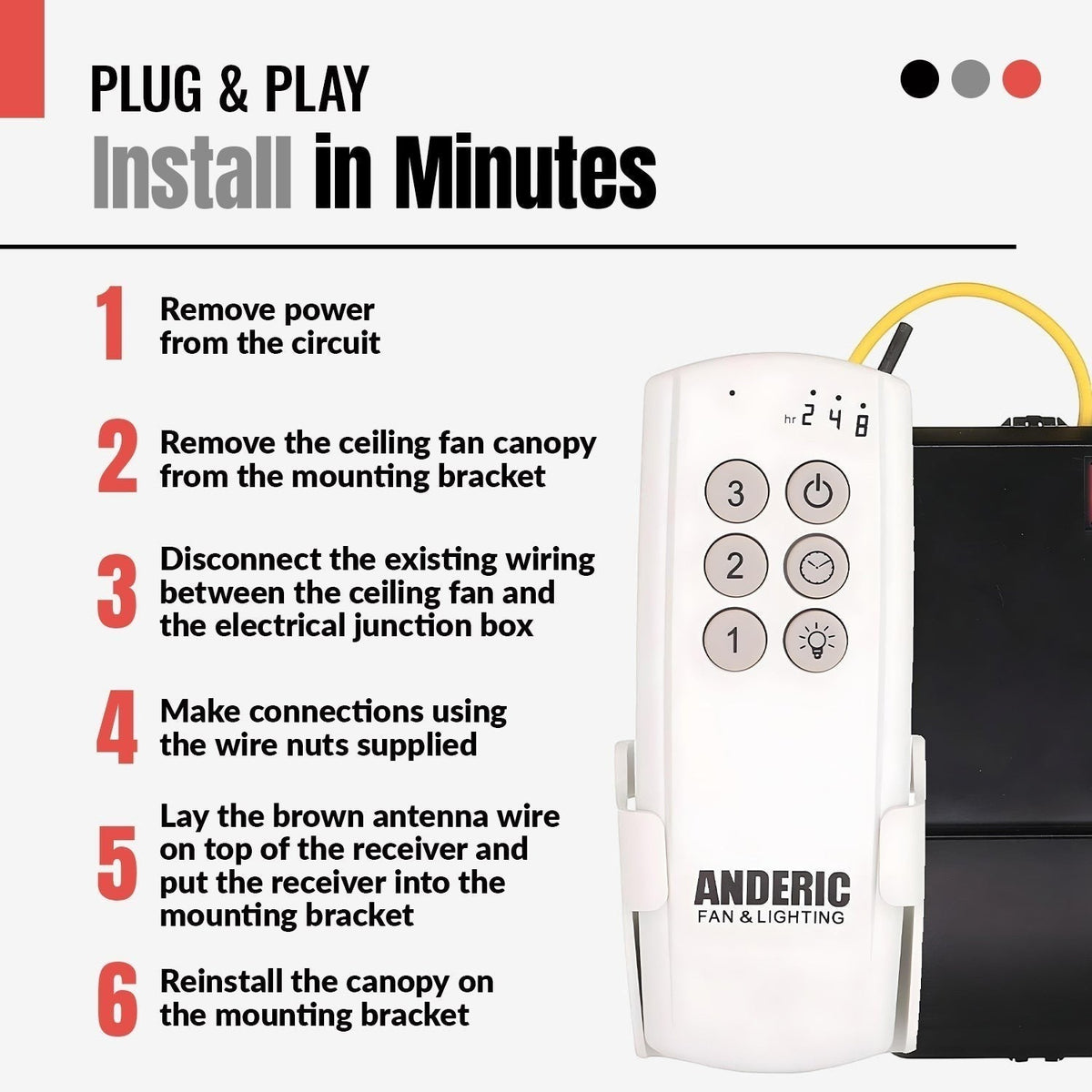 Anderic Substitute Kit for Hampton Bay TX029RS Ceiling Fan Remote Control [63T-AC83T-KIT]