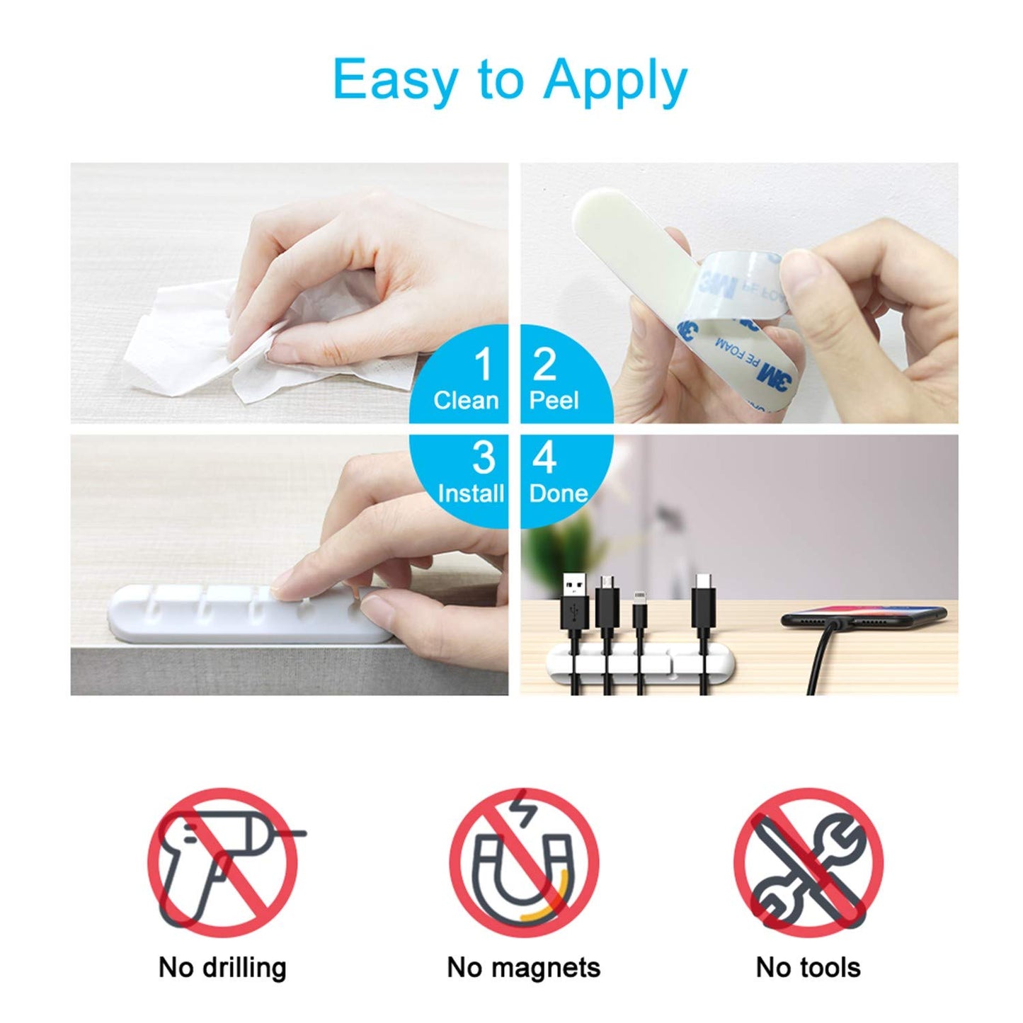 Cable Clips Cord Organizer 2 Pack — White USB Cable Management Wire Holder for Desk, Car, Home & Office