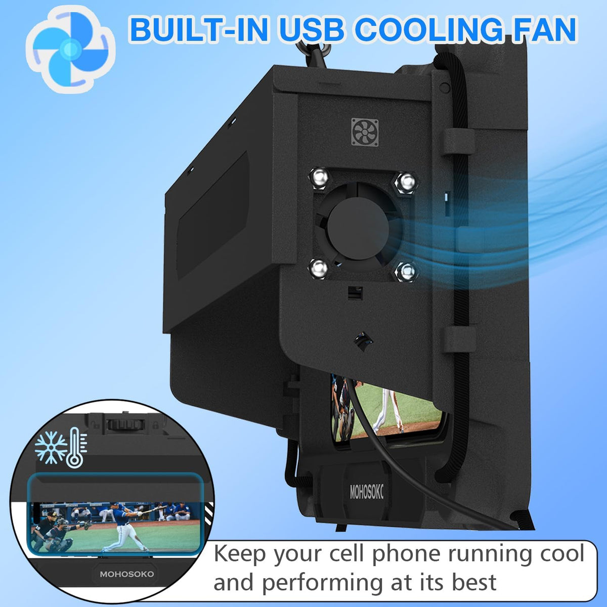 Phone Fence Mount with Shade & Cooling Fan - Foldable Game Changer Mounting Kit for iPhone, All-in-One Streaming Kit for Baseball Recording