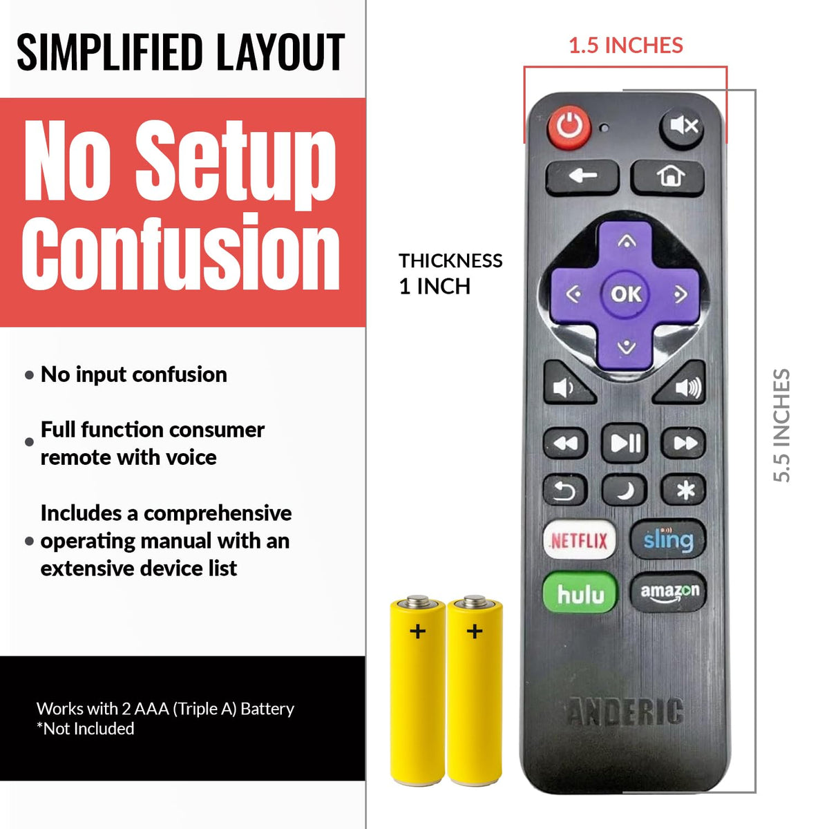 Anderic RRLF16 Replacement Remote Control for Roku TVs such as ONN, Hisense, Philips, TCL, RC-AFIR, RC-ALIR, RC280