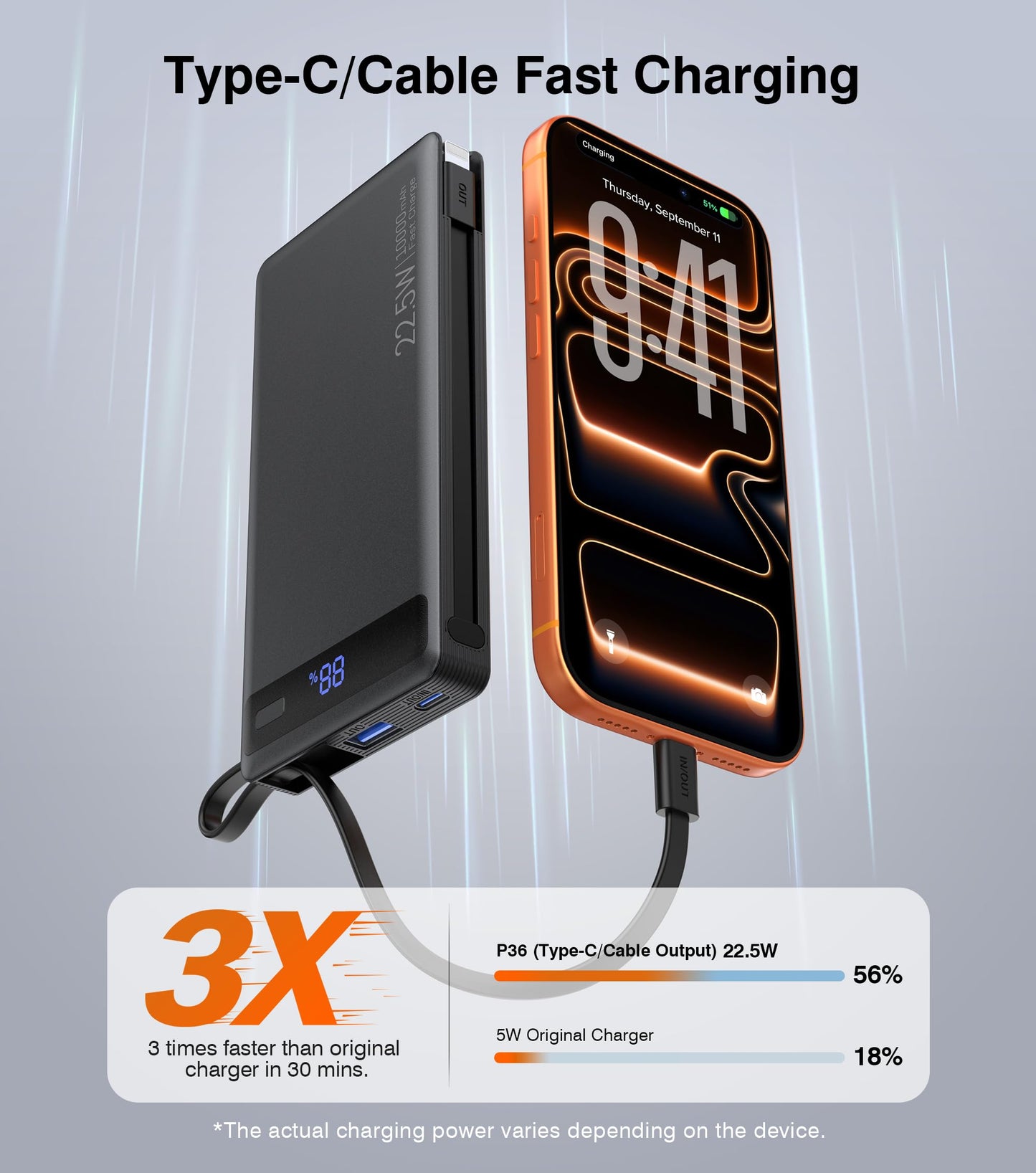 10000mAh Slim Power Bank w/ Built-In Cables – 22.5W PD Fast Charger for iPhone & Samsung