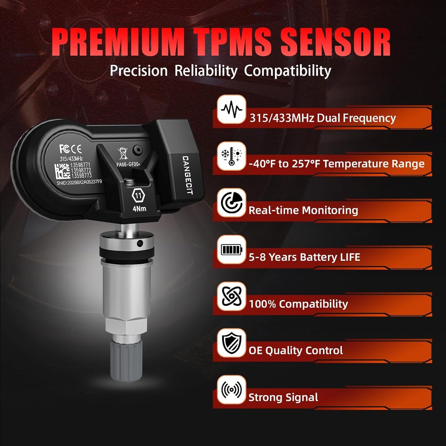 315/433MHz Pre-Programmed TPMS Sensor Set of 4 Fits Chevy Silverado, GMC Sierra, Tahoe, Suburban, Yukon, Escalade, Traverse, Equinox, Acadia, Colorado | OE# 13528563 13598773