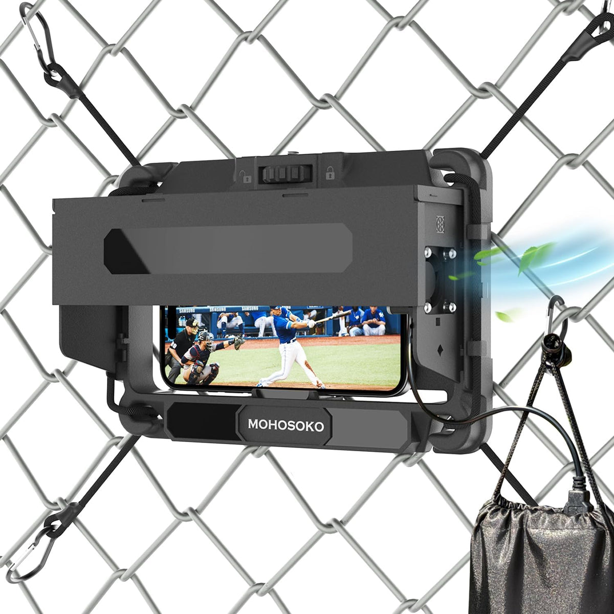 Phone Fence Mount with Shade & Cooling Fan - Foldable Game Changer Mounting Kit for iPhone, All-in-One Streaming Kit for Baseball Recording