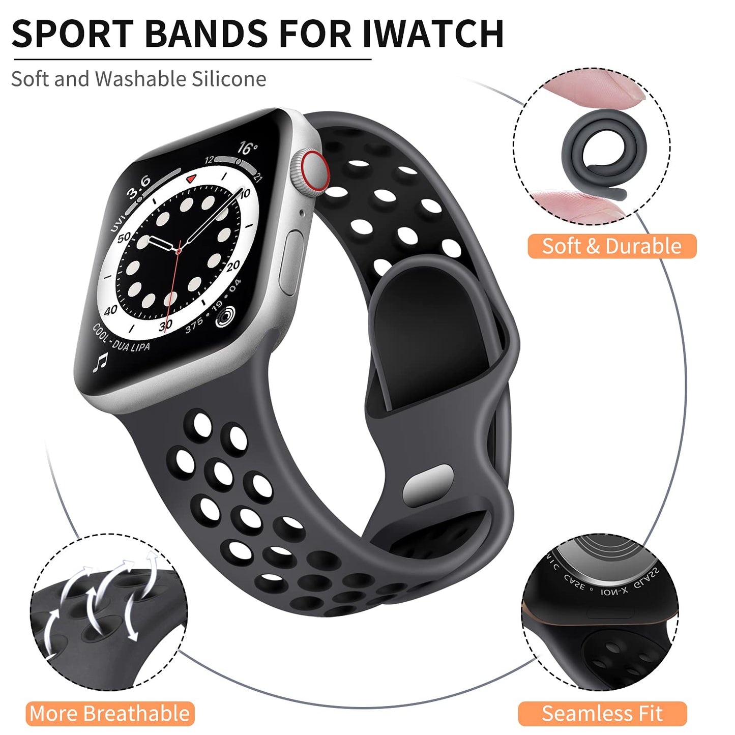 Apple Watch Silicone Sport Band Black — Soft Breathable Strap for Series 3-11, SE & Ultra 38mm-49mm