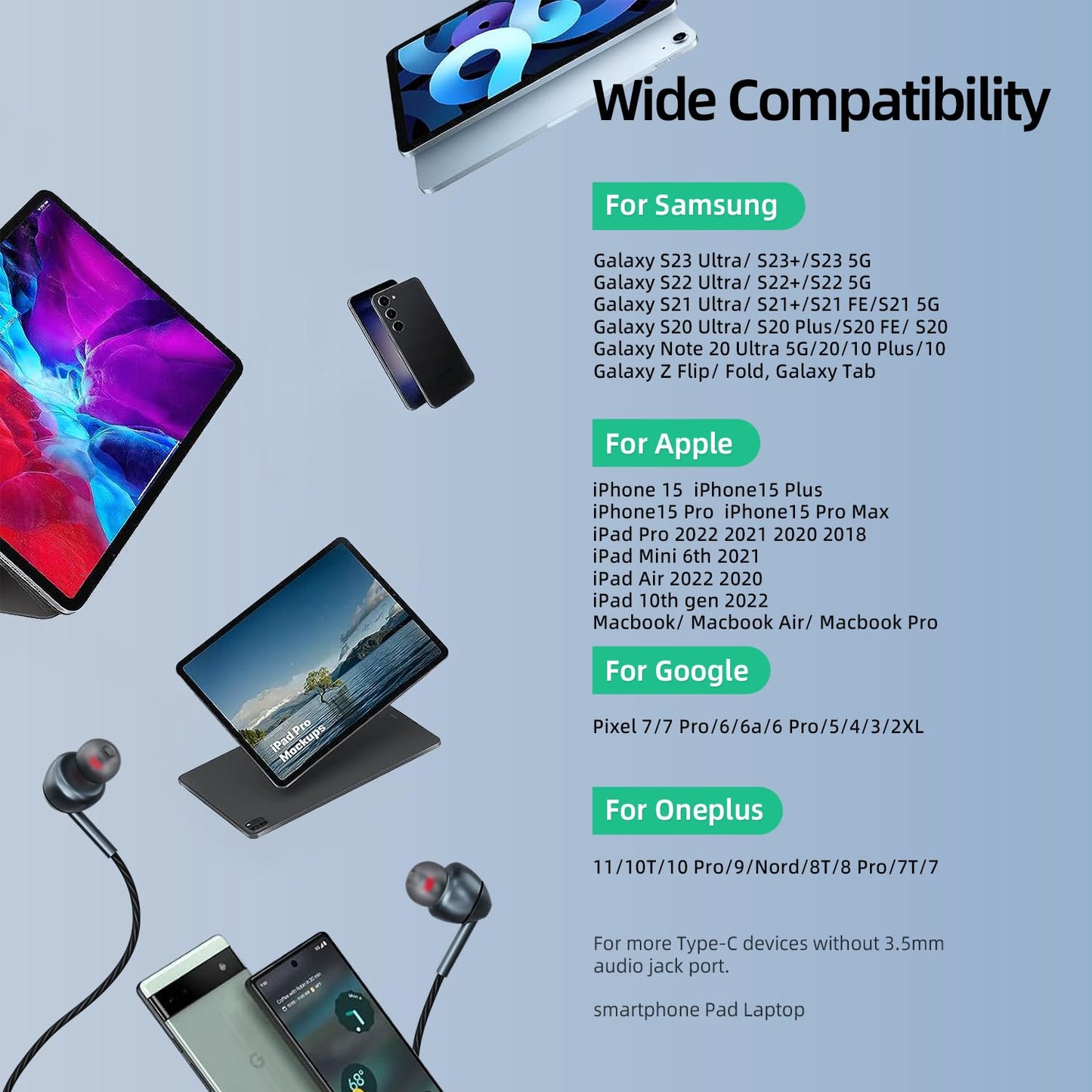 USB-C Wired Earbuds – Noise Canceling, Volume Control & Mic for iPhone 17/16/15, Samsung Galaxy S24/S23 & Pixel