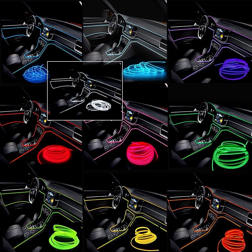 Blue EL Wire Car Interior Neon Strip Lights 2M — USB 5V with Fuse Protection for Dashboard & Trim
