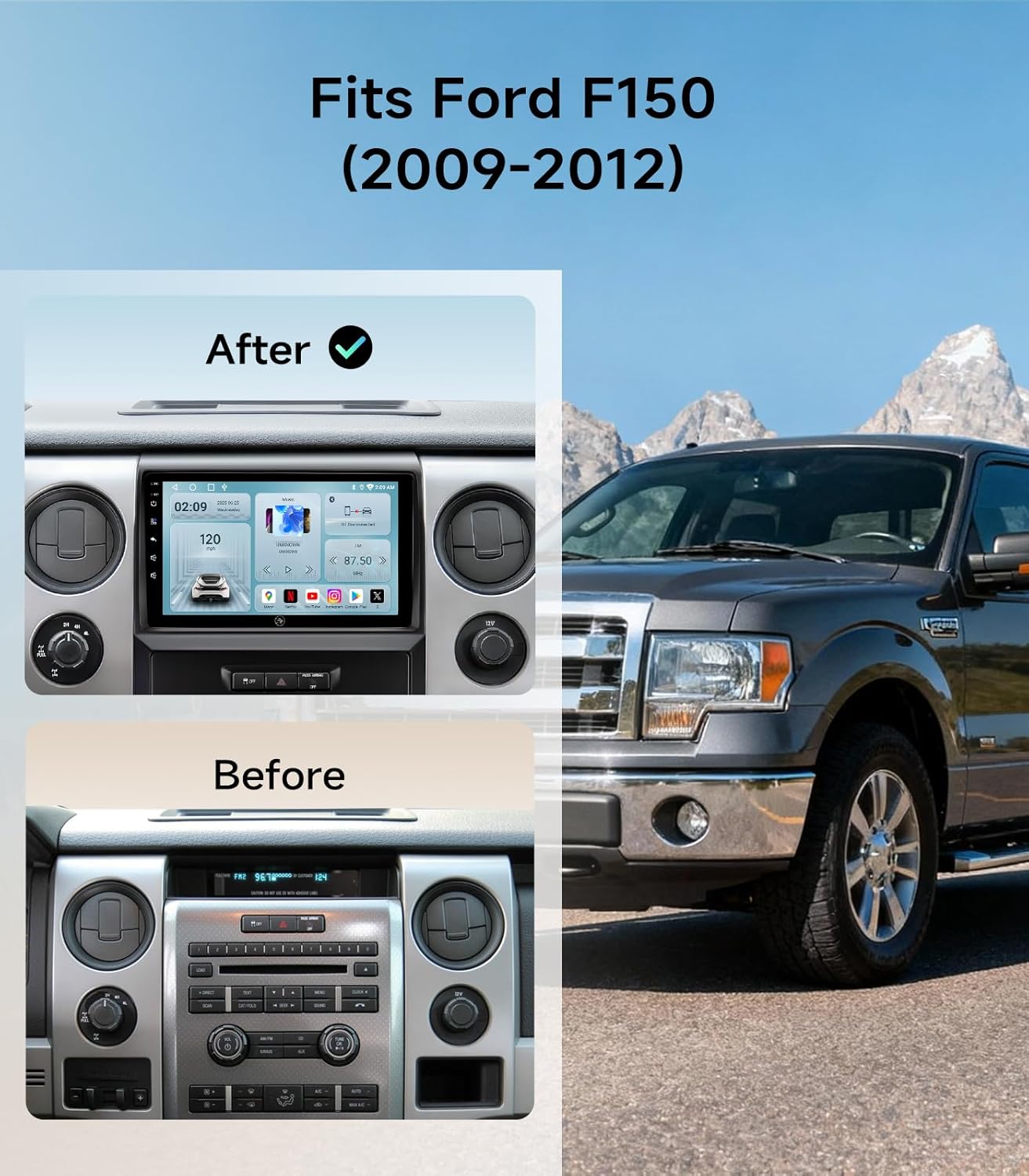 9 Inch Android Car Radio Stereo for Ford F150 2009-2012 - Wireless CarPlay & Android Auto, 5G WiFi GPS Navigation, Bluetooth Touchscreen with Backup Camera