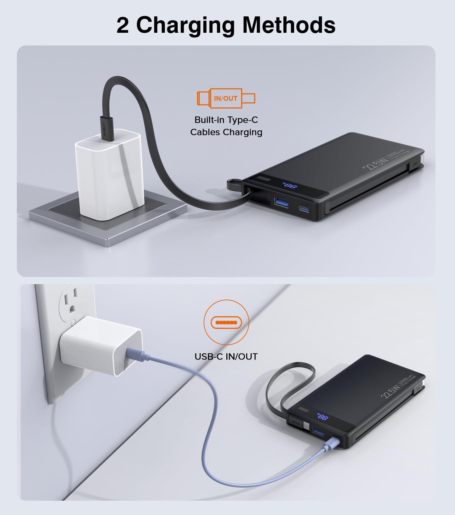10000mAh Slim Power Bank w/ Built-In Cables – 22.5W PD Fast Charger for iPhone & Samsung