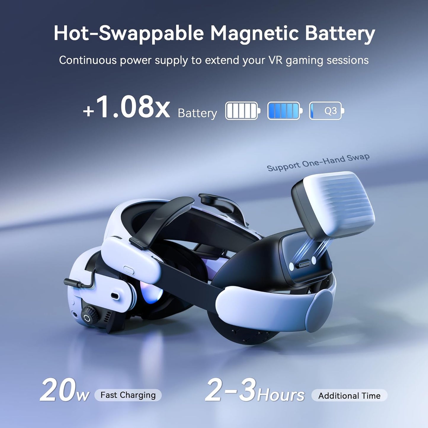 AMVR BS1 Rechargeable Battery Head Strap Compatible with Meta Quest 3, Air Cooling System Hot-Swap Battery Pack, Comfort Adjustable & Extended Gaming Sessions