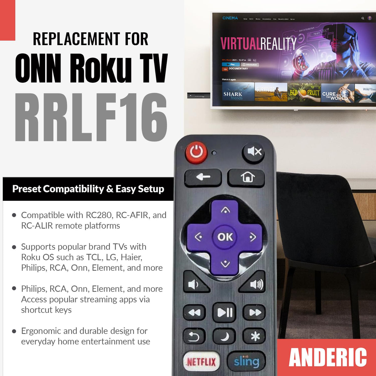 Anderic RRLF16 Replacement Remote Control for Roku TVs such as ONN, Hisense, Philips, TCL, RC-AFIR, RC-ALIR, RC280