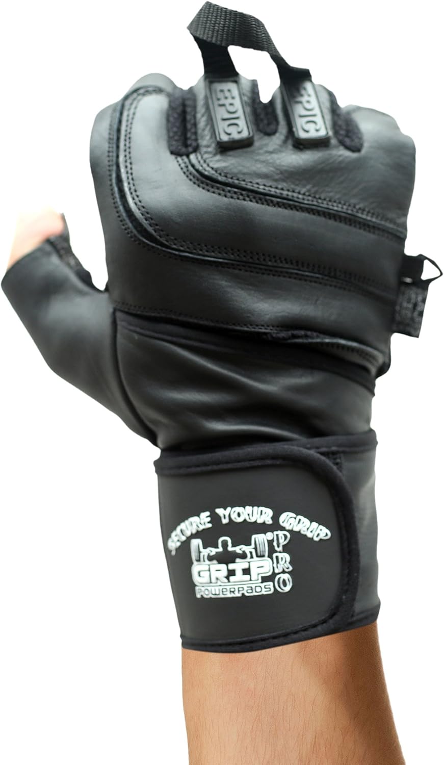 Epic Leather Gym Gloves with Built in 2" Wide Wrist Wraps Best Grip & Design for Weightlifting Power Lifting Bodybuilding & Strength Training Workout Exercises (Black, Medium 7 5/8" - 8")