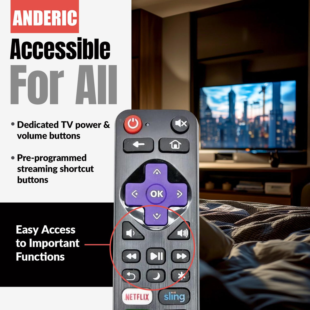 Anderic RRLF16 Replacement Remote Control for Roku TVs such as ONN, Hisense, Philips, TCL, RC-AFIR, RC-ALIR, RC280