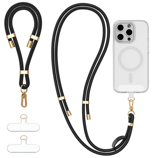 4-in-1 Phone Lanyard & Wrist Strap Kit — Adjustable Crossbody Neck Lanyard, Anti-Theft Wrist Strap with 2 Tab Patches, Universal Hands-Free Phone Strap for iPhone 17 Pro Max & All Smartphones, Black