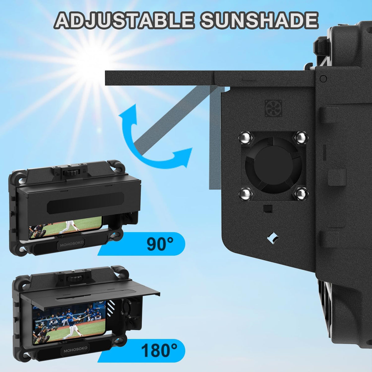 Phone Fence Mount with Shade & Cooling Fan - Foldable Game Changer Mounting Kit for iPhone, All-in-One Streaming Kit for Baseball Recording