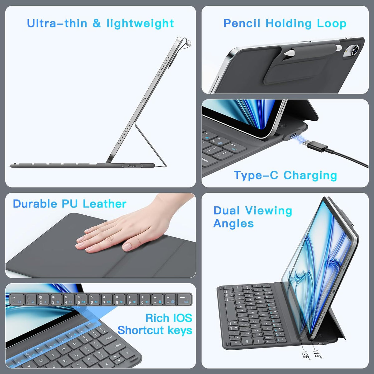 for iPad Air 11-inch Case with Keyboard (M3/M2, 2025/2024), Ultra-Thin & Lightweight, Safe Pencil Buckle, Rechargeable Magnetic Detachable Keyboard for iPad Air 11"/Air 5th/4th 10.9", Grey